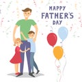 Happy Fathers day card. Dad holding his son and daughter. Royalty Free Stock Photo