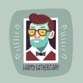 Happy fathers day card in retro design. Elegant portrait of a gentleman in a bow tie. Flat hand drawn vector