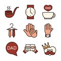 Happy fathers day, celebration accessories message decoration party icon set line and fill icon