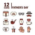 Happy fathers day, celebration accessories message decoration party icon set line and fill icon