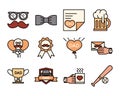 Happy fathers day, celebration accessories message decoration party icon set line and fill icon
