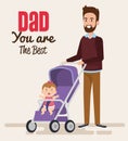 Happy fathers day characters with baby in cart