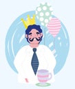 Happy fathers day, dad with crown coffee cup and balloons cartoon