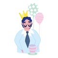 Happy fathers day, dad with crown coffee cup and balloons cartoon