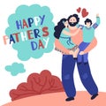 Happy fathers day. Dad hugging child, celebrate card with fun male and kids. Childhood, man spend time with daughter son