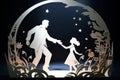 Happy Fathers day. Father dancing with child , stylish paper cut out illustration. Modern floral greeting card. Father with