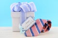 Happy Fathers Day Gift with Blue and White Ribbon Royalty Free Stock Photo