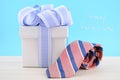 Happy Fathers Day Gift with Blue and White Ribbon Royalty Free Stock Photo