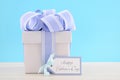 Happy Fathers Day Gift with Blue and White Ribbon Royalty Free Stock Photo