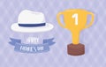 Happy fathers day, trophy and hat celebration card