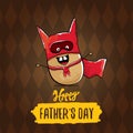 Happy fathers day greeting card with cartoon father super potato isolated on brown background. fathers day vector label