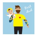 Happy Fathers Day greeting card with dad holding smiling Baby on hands. Royalty Free Stock Photo