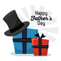 Happy fathers day. greeting card. gift boxes hat invitation