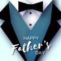 Happy Fathers Day Greeting Card. Mans jacket in paper cut style. Origami Tuxedo. Weddind suit with bow tie.