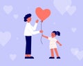 Happy Fathers day greeting card with vector illustration of smiling daughter girl giving heart shaped balloon to her father Royalty Free Stock Photo