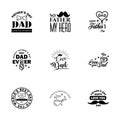 Happy Fathers day greeting hand lettering badges 9 Black Typo. isolated on white. Typography design template for poster. banner. Royalty Free Stock Photo