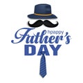 Happy fathers day greetings card. hand lettering with hat, tie. vector illustration design Royalty Free Stock Photo