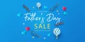 Happy Fathers Day Sale banner, poster or flyer design with flying origami hearts, air balloons, mustache, glasses and bow tie