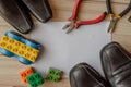 Happy fathers day, fathers shoes and baby boys shoes overhead, flat lay Royalty Free Stock Photo