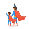 Happy fathers day vector illustration cartoon backside view scene with dad and son dressed in superhero costumes