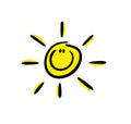 Happy fave icon sun with smile and sunshine. Vector illustration of yellow star.