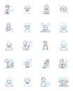 Happy feelings linear icons set. Joyful, Blissful, Content, Grateful, Delighted, Elated, Ecstatic line vector and