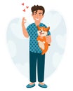 Happy fellow man with dog. The concept of caring for domestic pets. Illustration, vector