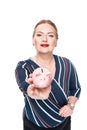 happy female accountant giving pink piggy bank Royalty Free Stock Photo