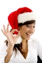 Happy female accountant wearing christmas hat gest Royalty Free Stock Photo