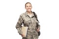 Happy female airman with books and bags