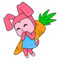 Happy female bunny carrying a giant carrot, doodle icon image kawaii