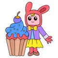 Happy female bunny hugging giant cupcake, doodle icon image kawaii