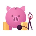 Happy Female Character Cutting Chain with Weight with Huge Piggy Bank and Pile of Golden Coins around