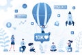 Happy female character flies in a balloon, getting many likes. Successful profile in social networks