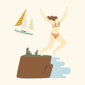 Happy Female Character Jumping from Cliff Edge to Ocean with Hands Up, Beach Party Celebration, Woman Summer Extreme Fun Royalty Free Stock Photo