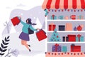 Happy female character jumping with shopping bags. Showcase with New Year`s decorations and presents Royalty Free Stock Photo