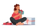 Happy Female Character Receive Present. Woman With Wrapped Gift Boxes Sit On Floor. Festive Event, Holidays Celebration