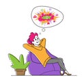 Happy Female Character Sitting on Comfortable Beanbag Armchair in Relaxed Posture Dreaming and Imagine Colorful Pictures