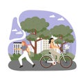 Happy female characters riding bicycle and running in city park, vector flat illustration Royalty Free Stock Photo