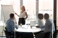 Happy female leader presenting work results at workshop in boardrooom Royalty Free Stock Photo