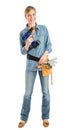 Happy Female Construction Worker With Drill And Tool Belt Royalty Free Stock Photo