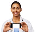 Happy Female Doctor Advertising Smart Phone Royalty Free Stock Photo