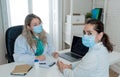 Happy female doctor and patient wearing protective face mask having a consultation in clinic office Royalty Free Stock Photo