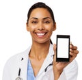 Happy Female Doctor Promoting Smart Phone Royalty Free Stock Photo