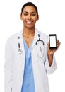 Happy Female Doctor Showing Smart Phone