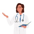 Happy female doctor is talking explaining something, gesturing with hand. A family doctor in a medical gown.
