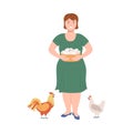 Happy Female Farmer Gathering Fresh Eggs from Hen Vector Illustration