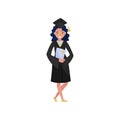 Happy female graduate, smiling graduation student girl in gown and cap holding diploma in her hands vector Illustrations Royalty Free Stock Photo