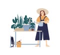 Happy female in hat enjoying home gardening hobby vector flat illustration. Funny plant lady with watering can taking