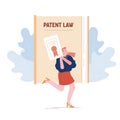 Happy Female Inventor or Author Character Holding in Hands Copyright Patent Law Certificate Document with Seal Stamp